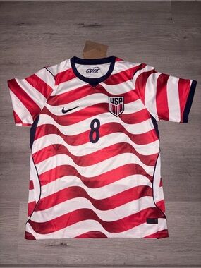Nike USA Red and White Wave Soccer Jersey with Navy Accents